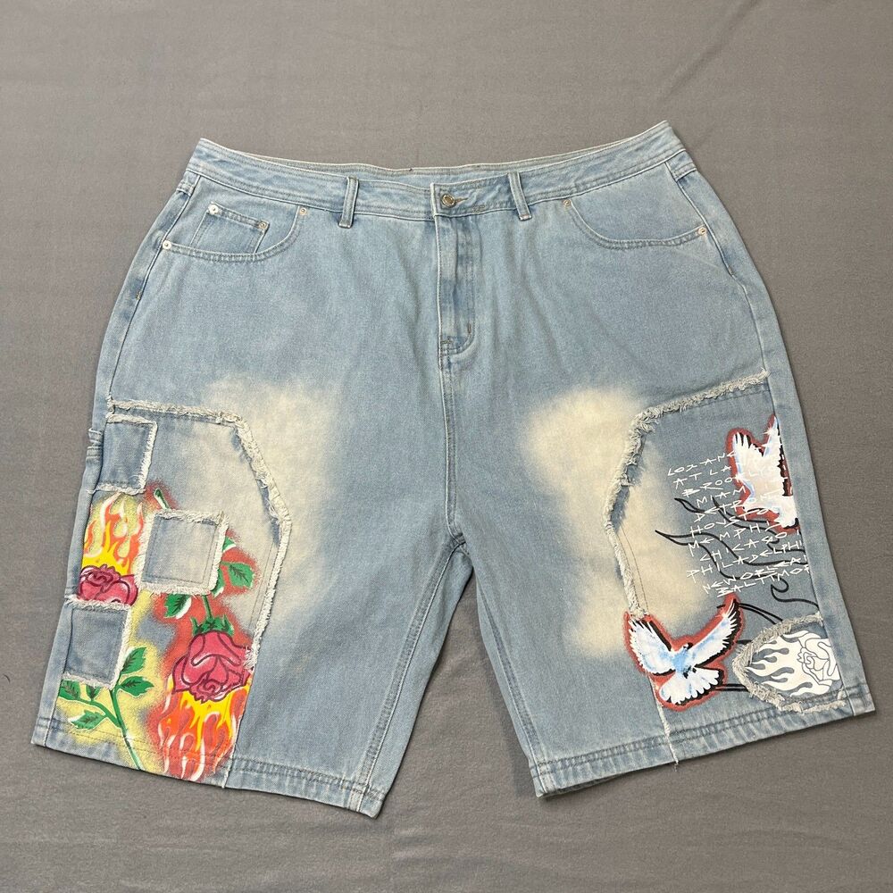 Civil Regime Carpenter Shorts Men's Size 38 Blue Denim Graphic Print Light Wash